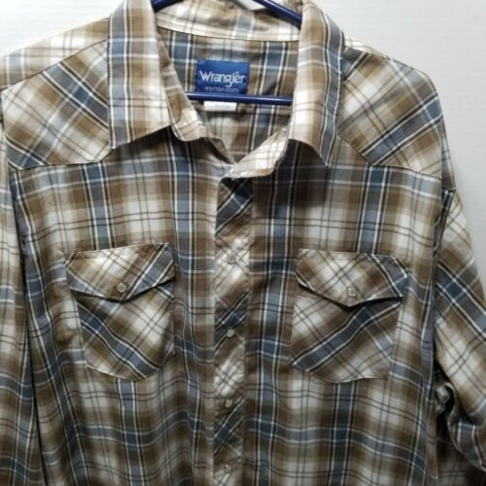 Wrangler Western Men Shirt Brown and Blue Size 2X Plaid Pearl Snap Long Sleeve - Picture 7 of 10